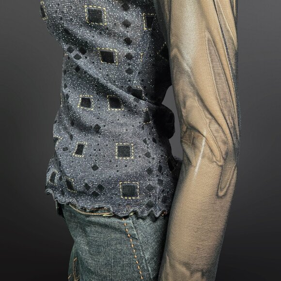 Y2K Black Glitter Mesh Top Flocked Velvet Size S Whimsigoth Goth Grunge - Picture 6 of 9